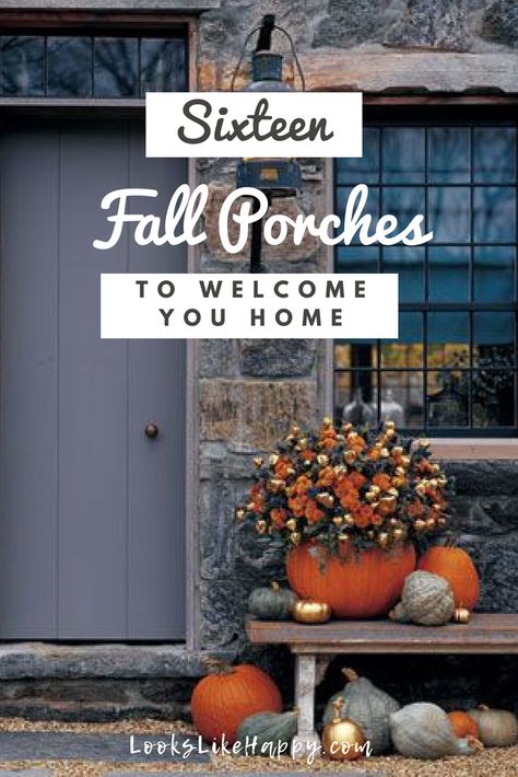 16 Gorgeous Fall Porch Decorating Ideas for Your Home - Looks Like Happy #fall #falldecor #falldecoratingideas #porch #fallporch Fall Outdoor Decor Porch, Fall Porch Decorating Ideas, Outdoor Porches, Fall Porches, Thanksgiving Decorations Outdoor, Warm Blankets Cozy, Porch Pumpkins, Fall Vignettes, Porch Decorating Ideas