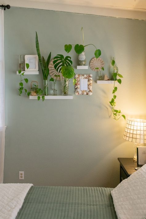 Plant wall on sage green paint with matching sage green bedding. White Accents Green Pastel Bedroom Ideas, Sage Green Small Bedroom, Math Bedroom, Sage Green Teenage Girl Bedroom, Sage Green Girls Bedroom, Sage Green Accent Wall Bedroom, Green Teen Bedroom, Bedroom Ideas Sage, Arias Bedroom