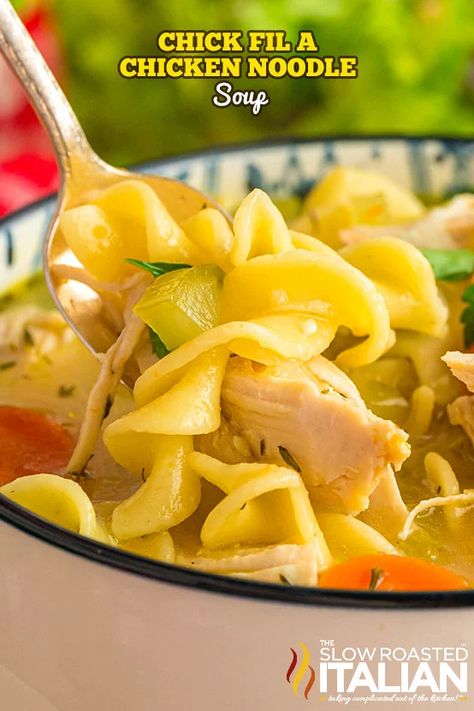 Chick Fil A Chicken Noodle Soup (Copycat Recipe) - The Slow Roasted Italian Chik Fil A Chicken, Baked Potato Soup Recipe, Slow Roasted Italian, Chick Fil A Sauce, Spicy Chicken Sandwiches, The Slow Roasted Italian, Loaded Baked Potato Soup, Baked Potato Soup, Potato Soup Recipe