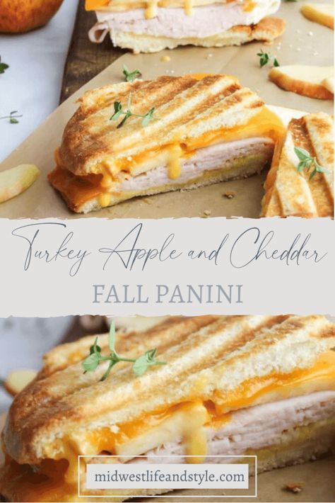 It's my favorite time of the year. Comfort food season! Enjoy some ooey-gooey cheesy goodness with this super simple turkey apple and cheddar panini. Apple And Cheddar, Turkey Apple, Harvest Dinner, Panini Recipes, Dinner Sandwiches, Recipe Dinner, Ooey Gooey, Fall Dinner, Sandwich Recipes