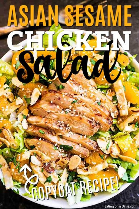 Enjoy this copy cat Panera bread Asian chicken salad at home for a delicious meal that is filling but not heavy. Tender chicken, almonds, mandarin oranges and more make Asian Sesame Chicken Salad healthy and delicious. Asian sesame chicken salad panera dressing is easy and tasty. Try panera bread asian sesame chicken salad. #eatingonadime #copycatpanerabreadasianchickensalad Asian Sesame Chicken Salad, Asian Sesame Salad, Sesame Chicken Salad Recipe, Asian Sesame Chicken, Sesame Chicken Salad, Asian Chicken Salad Recipe, Salad Asian, Sesame Salad, Asian Salad Recipe