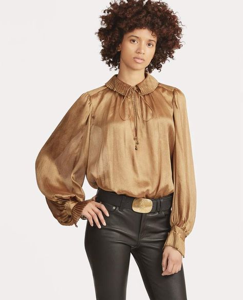 Ralph Lauren Metallic Crinkle Blouse Gold Shirt Outfit Blouses, Gold Shirt Outfit, Gold Blouse Outfit, Puffed Long Sleeves, Metallic Blouses, Gold Shirt, Gold Blouse, Polo Ralph Lauren Women, Fitted Blouses