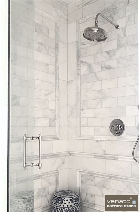 Stunning use of trims on this Carrara Venato Shower. This is the whitest based Carrara in the World. Installed in a multi-million dollar home and only $7.00 a Square Foot for the Subway Tile (for 2017 and 2018 - maybe longer but have to put on a date). Carrara Venato, Multi Million Dollar Homes, Bathroom Marble, Condo Bathroom, Ideas For Bathroom, Master Shower, Master Bath Remodel, Bathroom Remodel Shower, Subway Tiles