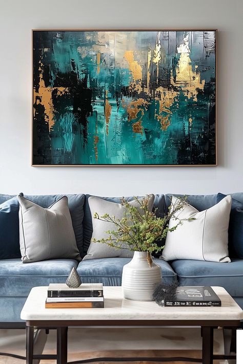 Original handmade abstract painting featuring teal and gold colors with textured brushstrokes on canvas Teal Living Room, Happy Teachers Day Card, Teal Living Rooms, Teachers Day Card, Gold Abstract Painting, Happy Teachers Day, Handmade Artwork, Teal And Gold, Modern Home Decor