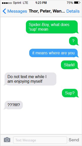 avengers text message tony stark peter parker spiderman thor marvel funny Avengers Text Messages, Tony Stark Peter Parker, Phone Texting, Marvel Humor, Avengers Texts, Parker Spiderman, Avengers Theme, Peter Parker Spiderman, Thor Marvel