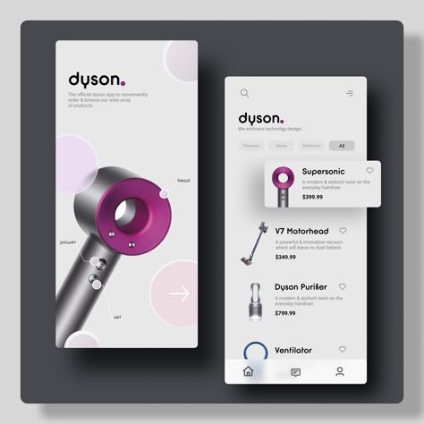 Hi creatives! :) We wanted to show you our newest design concept - the dyson app. Important to us was to convey the same design style that you get from the dyson devices! Let us know what you think! Check us out: www.codeonesolutions.de Instagrtam: @codeonedesign #UI #UX #Mobile #design #screendesign #appdesign #appdevelopment #dyson #shopping #store #onlinestore Ux Mobile Design, Dyson Airstrait, Product Booklet, Banner Reference, Press Wall, App Ui Ux Design, Ux Mobile, Catalog Design, Screen Design