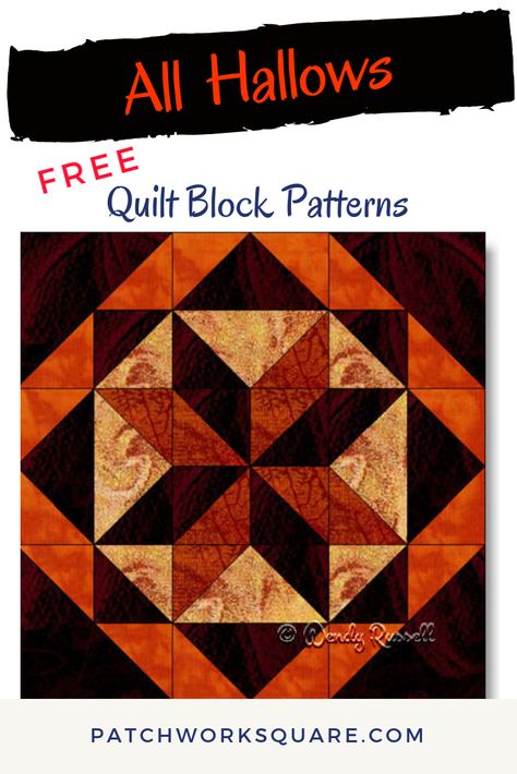 The ALL HALLOWS quilt block is a nine patch featuring half square triangles and flying geese. A perfect HALLOWEEN quilt block for your collection. All Hallows Quilt Block Free Pattern, Halloween Quilt Blocks, Beginner Quilt Patterns Free, Halloween Quilt Patterns, Fall Quilt Patterns, Halloween Quilt, Big Block Quilts, Painted Barn Quilts, Quilting Blocks