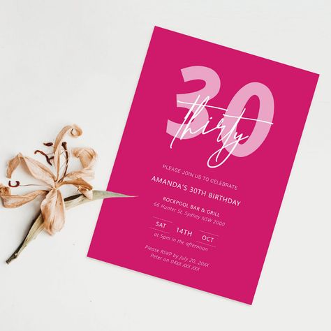 Pink 30th Birthday Party, Pink 30th Birthday, 21 Dinner, Modern Birthday Party, Hot Pink Background, 30th Birthday Party Invitations, 30th Birthday Party, Modern Birthday, 30th Birthday Invitations