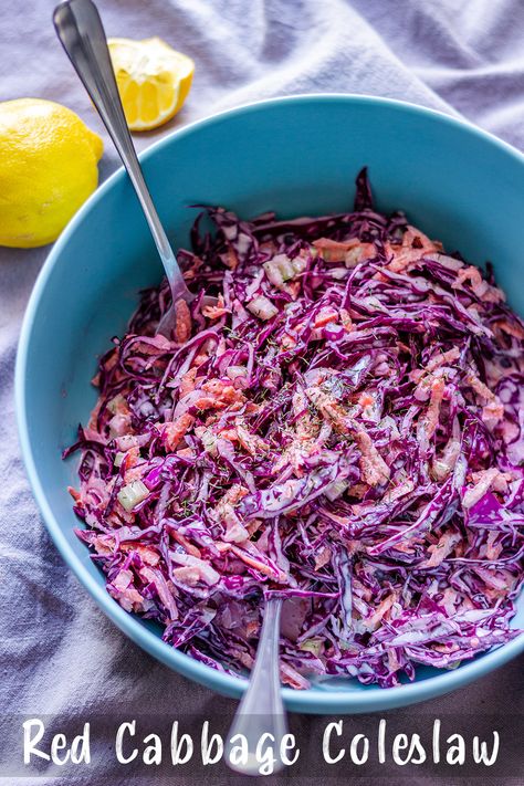 This creamy red cabbage coleslaw recipe is an easy and quick side for all kinds of recipes. Made in 1 bowl with less than 10 ingredients! Red Cabbage Coleslaw Recipe, Red Coleslaw Recipe, Purple Cabbage Coleslaw, Cabbage Coleslaw Recipe, Red Coleslaw, Cabbage Meals, Clean Salads, Red Cabbage Slaw Recipes, Red Cabbage Coleslaw