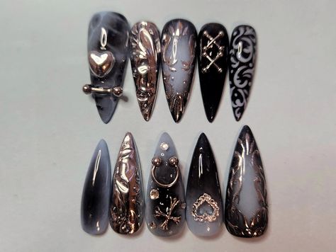 Haunted Chrome Press on Nails Blue Silver Black Long Nails Short Nails Goth Blue Rococo Chrome Details Grunge Glam Fake Nails - Etsy Gothic Chrome Nails, Goth Nails Short Square, Nails Blue Silver, Ongles Goth, Haute Goth, Aura Nail, Press On Nails Blue, Nail Chrome, Nails Goth