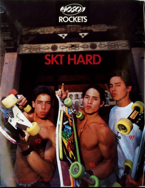 L. to R. Aaron Murray, Christian Hosoi, Scott Oster. Christian Hosoi, Skateboard Images, Classic Skateboard, 1980’s Fashion, Skateboard Videos, Pizza Guy, School Products, Old School Skateboards, Skate And Destroy