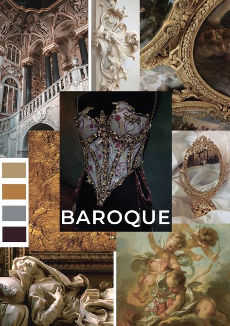 Haute Couture Color Palette, Baroque Mood Board, Baroque Color Palette, Baroque Art Design, Barocco Aesthetic, Baroque Aesthetic, Baroque Interior Design, Mood Board Fashion Inspiration, Rococo Dress