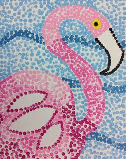 Room 101 Art: Pointillism Flamingos, ages 7-12 Poentilizam Art, Pointillism Art Easy, Pointillism Animals, Pointilism Art, Pointalism Art, Room 101, Stippling Art, Kids Art Class, Art Lessons For Kids