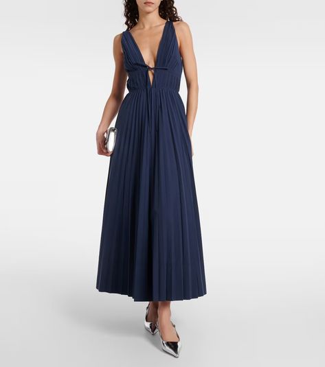 Stephanie plissé cotton-blend gown in blue - Simkhai | Mytheresa Navy Evening Dresses, Summer Evening Dress, Dresses For Summer, Pleated Gown, Trends For 2024, Boho Chic Dress, Slip Dresses, Maxi Dress Navy, Linen Maxi Dress