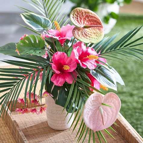 Tropical Hibiscus Arrangement | Projects | Michaels Hibiscus Arrangement, Tropical Flower Arrangements Diy, Hawaiian Flower Arrangements, Hibiscus Wedding, Tropical Wedding Centerpieces, Tropical Centerpieces, Tropical Floral Arrangements, Tropical Flower Arrangements, Tropical Wedding Decor