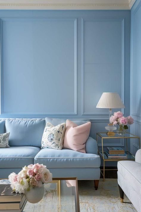 40 Blue Living Room Ideas: Transform Your Space with Calming Hues Sky Blue Paint Living Room, Periwinkle Blue Living Room, Blue Living Room Color Scheme Walls, Pink And Blue Home Decor, Blue And Pink Living Room Decor, Pink And Blue Interior, Bright Blue Living Room, Pink Blue Living Room, Blue Living Room Designs