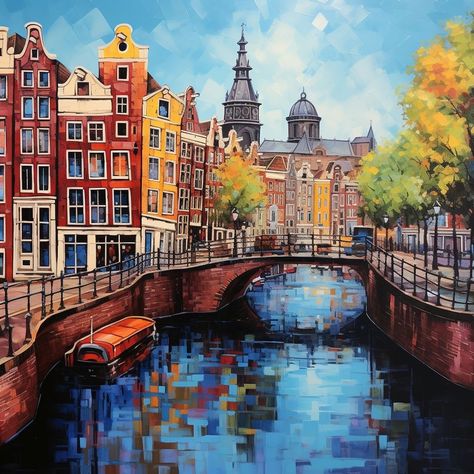 Amsterdam Acrylic Painting, Amsterdam Painting, City Scape Painting, Scape Painting, Amsterdam Art, Musical Composition, Room Paintings, Amsterdam Canals, City Scape