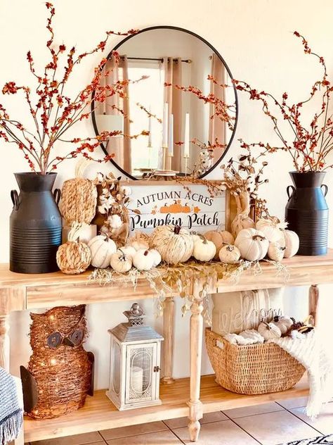 26 Best Thanksgiving Decor Ideas in 2024: Gobble Up Some Style! Fall Entryway Table Decor, Fall Entry Table Decor, Fall Entry Table, Thanksgiving Decor Ideas, Vintage Fall Decor, Fall Entryway, Easy Fall Decor, Neutral Fall Decor, Fall Living Room Decor