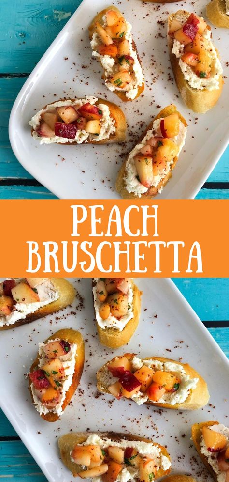 Peaches Goat Cheese, Peaches And Goat Cheese Appetizer, Peach Finger Foods, Peach Goat Cheese Crostini, Peach Bruchetta Appetizers, Peach Bruschetta With Goat Cheese, Peach Themed Food, Peach Food Ideas, Peach Party Food