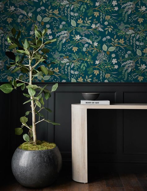 Juniper Forest Premium Peel + Stick Wallpaper by Rifle Paper Co. Wallpaper Mudroom, Hanging Moss, Moody Palette, Mantel Mirrors, Mudroom Laundry Room, Mudroom Laundry, Bright Living Room, Long Lumbar Pillow, Lulu And Georgia