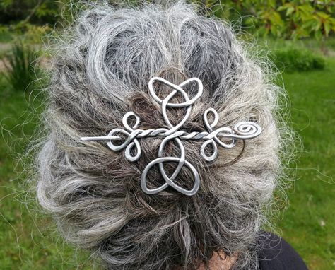 Celtic Trinity Knots Aluminum Hair Pin by nicholasandfelice Long Hair Accessories, Celtic Hair, Celtic Trinity Knot, Pin Hair, Shawl Pin, Scarf Pin, Hair Slide, Shawl Pins, Wire Work Jewelry