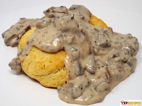 Vegetarian Biscuits and Gravy: A vegetarian breakfast gravy made with cremini mushrooms and served with quick drop biscuits. #yeprecipes Gravy Vegetarian, Mushroom Biscuits And Gravy, Mushroom Gravy For Biscuits, Vegetarian Sausage Gravy, Vegetarian Biscuits And Gravy, Vegetarian Gravy Recipe, Breakfast Gravy, Veggie Diet, Mushroom Breakfast