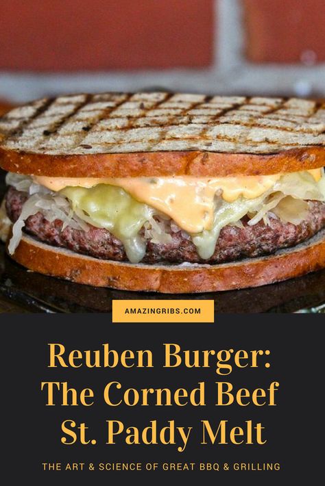 Corned beef is taken to new heights with this delicious recipe for the Reuben burger. Corned beef brisket is ground into burger patties before being grilled to perfection. Inspired by the classic Reuben, this patty melt style burger features tangy sauerkraut, melted Swiss cheese, and Russian dressing on rye bread. #reuben #burger #corned #beef #stpatricks #melt #paddy #recipe #burger #hamburger Paddy Melt, Reuben Burger, Patty Melt Recipe, Loose Meat, Yummy Sandwiches, Salisbury Steak Recipes, Corned Beef Brisket, Russian Dressing, Burger Patties