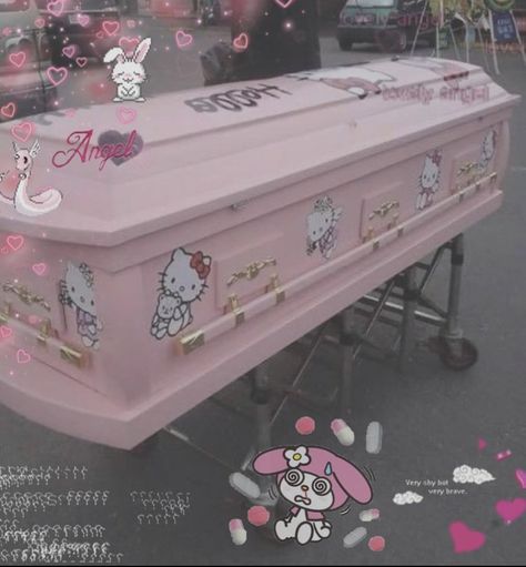 Aesthetic Coffins, Memorial Service Decorations, Maisie Cousins, Hello Kitty Aesthetic, Kitty Drawing, Hello Kitty Drawing, Pink Hello Kitty, Memorial Service, Picture Wall