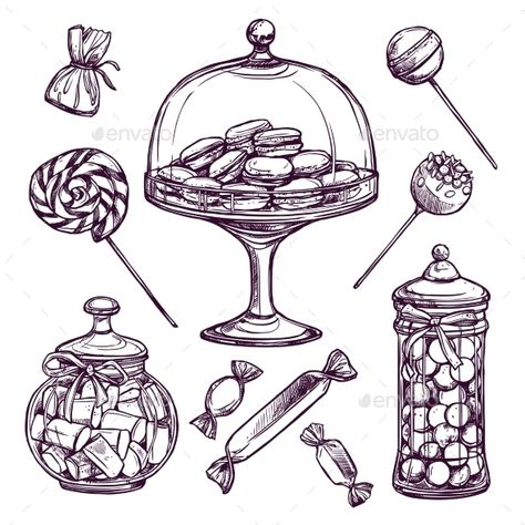 Sweets Doodles, Cookie Sketch, Candy Sketch, Candy Drawings, Sweets Illustration, Candy Illustration, Candy Tattoo, Candy Drawing, Desserts Drawing