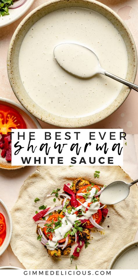 Shawarma White Sauce Yogurt Sauce For Chicken Shawarma, Greek Tahini Sauce, Shawarma Yogurt Sauce, Greek Yogurt Chicken Sauce, Garlic Shawarma Sauce, Easy Garlic Sauce For Shawarma, Shwarma Chicken Pitas, Tahini Sauce For Shawarma, Swarma Chicken Sauce