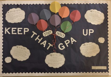 Great bulletin board idea for study skills  Movie Up, Hot Air Balloons, Clouds, Study Skills: Note Taking, Mind Maps, Read to Yourself, Teach Others, Time Management Study Skills Bulletin Board, Idea For Study, Resident Assistant Bulletin Boards, Door Decorations College, Ra Bulletins, Ra Boards, Ra Bulletin Boards, Bulletin Board Design, Res Life