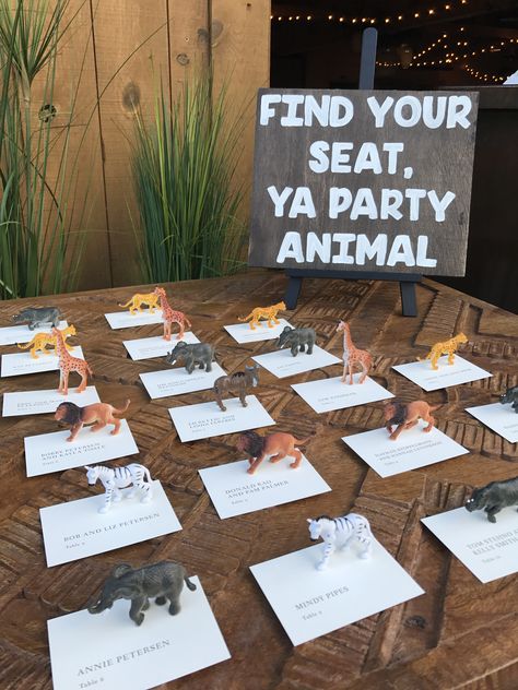 Party Animal Place Cards Wedding, Party Animal Wedding Seating, Party Animal Seating Chart, Find Your Party Animal Place Card, Zoo Wedding Centerpieces, Animal Seating Chart, Zoo Wedding Ideas, Animal Table Numbers, African Wedding Theme