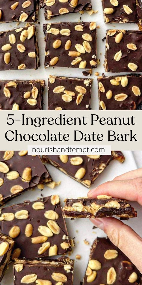 Square of date bark covered in dark chocolate and topped with peanuts Healthy Snicker Bars With Dates, Snickers Date Bark, Date Chocolate Bark, Date Snickers Bars, Date Bark, Date Recipes Medjool, Date Snickers, Date Recipes Desserts, Easy Homemade Snacks