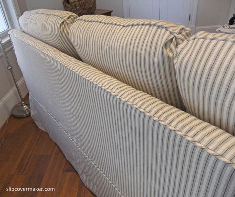 Ticking slipcover back by Karen Powell. Plaid Sofa, Slipcover Sofa, Custom Slipcovers, Slip Covers, Reupholster Furniture, Upholstery Diy, Ticking Fabric, Sofa Slipcover, Diy Sofa