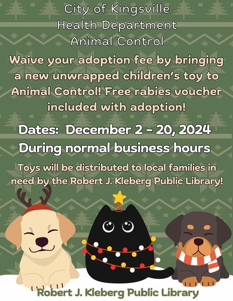 City of Kingsville Health Department Animal Control will waive your adoption fee for a pet if you bring in a new unwrapped children's toy to Animal Control. #STCN #SouthTexasCommunityNews December - Adopt a Pet in Kingsville Texas Sports, United States Map, Holistic Beauty, South Texas, Animal Control, Health Department, State Map, Childrens Toy, Adopt A Pet