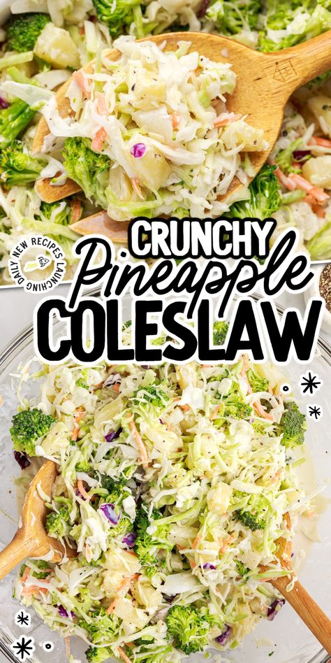 This easy pineapple coleslaw is sweet, crunchy, and full of so much flavor. With a perfect balance of textures and flavors from the crisp cabbage, juicy pineapple, and tangy dressing, this dish is sure to be a hit at your next potluck or barbecue. Different Types Of Coleslaw, Pineapple Coleslaw Recipe Easy, Coleslaw With Pineapple Recipes, Cole Slaw With Pineapple, Pineapple Slaw Recipes, Coleslaw With Pineapple, Pineapple Coleslaw Recipe, Retreat Recipes, Apple Coleslaw Recipe