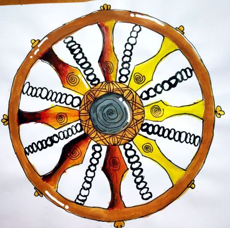 KONARK WHEEL ART - BHABYA & BHASWATI Konark Wheel Painting, Konark Wheel, Wheel Painting, School Wall Art, Wheel Art, Traditional Motifs, Canvas Acrylic, Dance Art, Bottle Painting