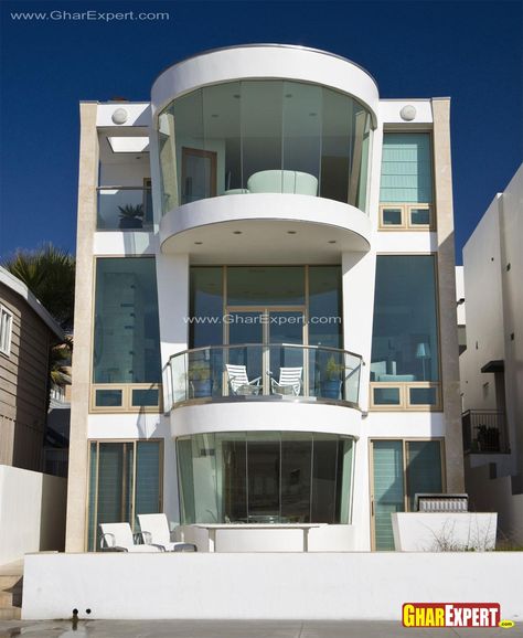 3 storey curved balconies exte.... Balcony Glass Design Exterior, Exterior Elevation Design, Front House Design, Gupta Ji, Balcony Glass Design, Exterior Elevation, Arch Building, Interior Balcony, Glass Balcony