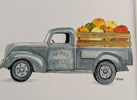 Watercolor Truck with Pumpkins Print Vintage trucks with something in the back are always a favorite for any farmhouse decor style, this one with pumpkins is perfect for Fall.This is an 8 x 10 inch print on card stock with matt finish. These prints will last for decades in normal home displays. I hope your family will enjoy as much as mine.PACKAGING: prints are packed in an cardboard envelope. If you receive a damaged print, please contact me.DELIVERY: All Items are delivered with USPS, tracking