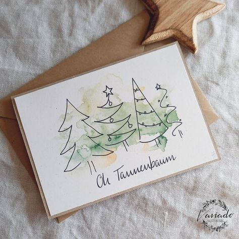 Handmade Christmas Cards Watercolor, Watercolor Christmas Tree Cards, Christmas Card Diy Ideas, Aquarell Christmas Cards, Christmas Card Aquarell, Christmas Card Watercolor Ideas, Easy Christmas Cards Handmade, Aquarell Christmas, Christmas Aquarell