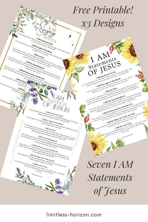 Knowing who Jesus is helps us to understand who we are! Grab this free printable of the seven I AM statements of Jesus - explaining in His own words His ministry and purpose... 7 I Am Statements Of Jesus, Jesus I Am Statements, I Am Statements Of Jesus, Jesus Printable, The Gospel Of John, John 8 12, Miracles Of Jesus, Gospel Of John, Women's Retreat