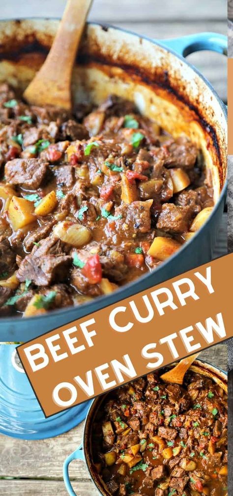 Stew Meat Dutch Oven Recipes, Dutch Oven Curry, Indian Beef Stew, Beef Curry Recipe Indian, Oven Baked Stew, Curried Beef Stew, Stew Meat Recipes Stove Top, Beef Cubes Recipe, Curry Beef Stew