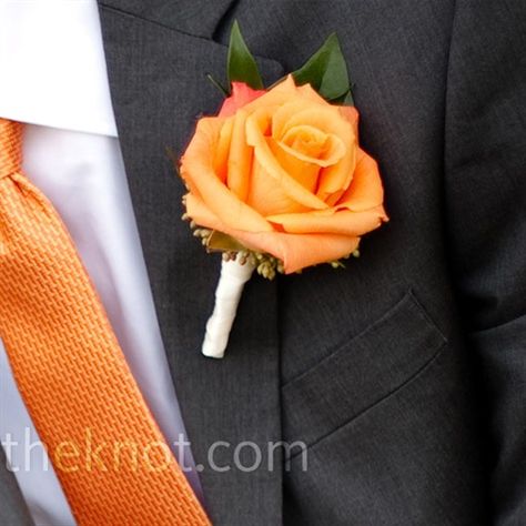 orange rose wedding flower boutonniere, groom boutonniere, groom flowers, add pic source on comment and we will update it. www.myfloweraffair.com can create this beautiful wedding flower look. Wedding Flowers Orange, Orange Boutonniere, Orange Wedding Flowers, Groomsmen Boutonniere, Rose Boutonniere, Flowers Orange, Rose Peach, Flower Centerpieces Wedding, Corsage Wedding