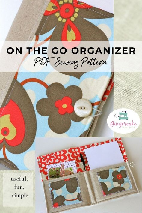 The On the Go Organizer PDF Sewing Pattern is a simple, fun and useful sewing project to create.  It makes perfect gifts for family and friends!  It is designed to hold a basic 5'' x 8'' notepad and also includes a slim pocket for a pen.  It uses about a 1/2 yard of cotton fabric, cotton batting and fusible interfacing.  This fabric organizer creates the perfect gift for that organized list taker friend!  THis is a PDF Sewing pattern by Virginia Lindsay of Gingercake Patterns Advanced Sewing Projects, Sewing Hobby, Fabric Organizer, Diy Sewing Gifts, Creative Gifts For Boyfriend, Sewing Business, Sewing Tutorials Free, Kid Craft, Baby Sewing Projects