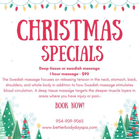 The holidays are here! Book a swedish or deep tissue massage with us today for only $90! Give us a call at 954-909-9065! We offer gift certificates, purchase on our website or stop by in person to pick yours up today! #christmas #specials #massage Christmas Specials, Better Body, Pick Yourself Up, Body Spa, Deep Tissue Massage, Deep Tissue, Gift Certificates, A Call, Massage