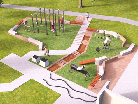 Outdoor Gym Design, Playground Floor Plan, Playground Flooring Outdoor, Community Park Design, Gym Design Ideas, Gym Architecture, Urban Fitness, Playgrounds Architecture, Outdoor Gym Equipment