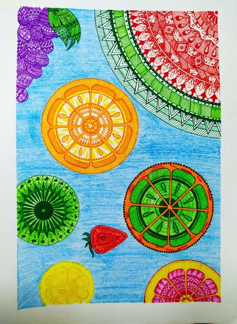 Fruit Mandala, Mandela Art, Mandala Canvas, Diary Decoration, Doodle Art Designs, Mandala Drawing, Mandala Art, Doodle Art, Art Lessons