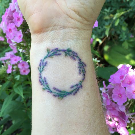 Lavender Wreath Tattoo design. Wreath Tattoo Design, Small Lavender Tattoo, Lavender Tattoos, Heather Wreath, Wreath Tattoo, Scottish Heather, Lavender Tattoo, Circle Tattoos, Gorgeous Tattoos