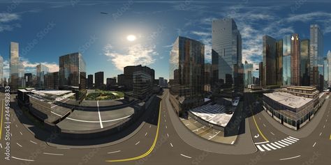 Download HDRI, environment map , Round panorama, spherical panorama, equidistant projection, panorama 360, Modern city at sunrise Stock Illustration and explore similar illustrations at Adobe Stock. Hdri Images, Panorama 360, Environment Map, Panorama Photography, Panorama City, Modern Office Interiors, Modern City, Abstract Paintings, Book Photography