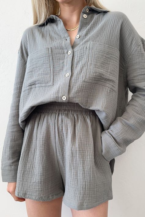 Gauze Outfit, Cotton Gauze Clothing, Lounge Wear Ideas, Cotton Gauze Shirt, Gauze Clothing, Cotton Gauze Dress, Dusty Teal, Gauze Shirt, Cotton Gauze Fabric